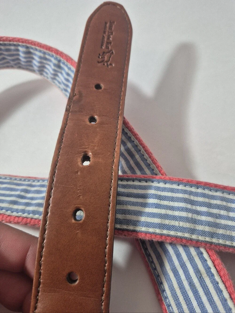 Bird Dog Bay Men’s Blue/Pink Embroidered Belt 34/35  Brass